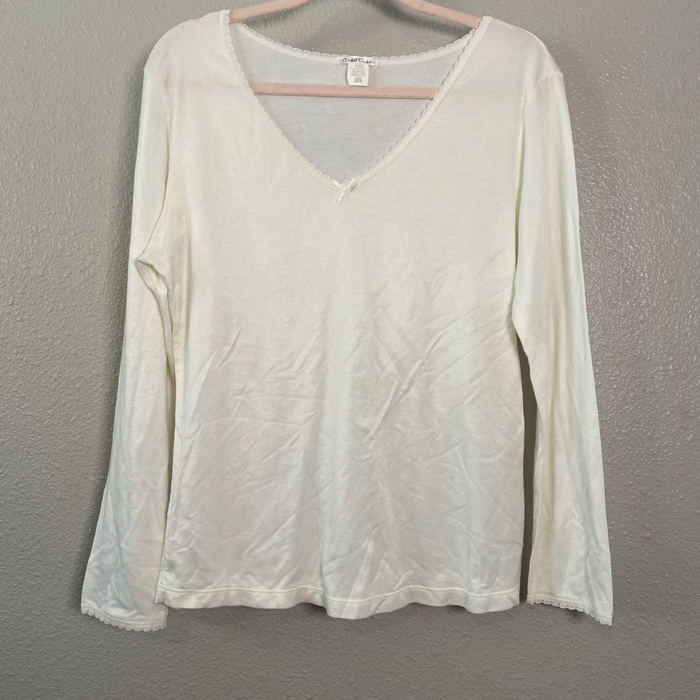 Cuddl Duds White‎ Long Sleeve Large 100% Cotton Coquette Feminine Bow Preppy